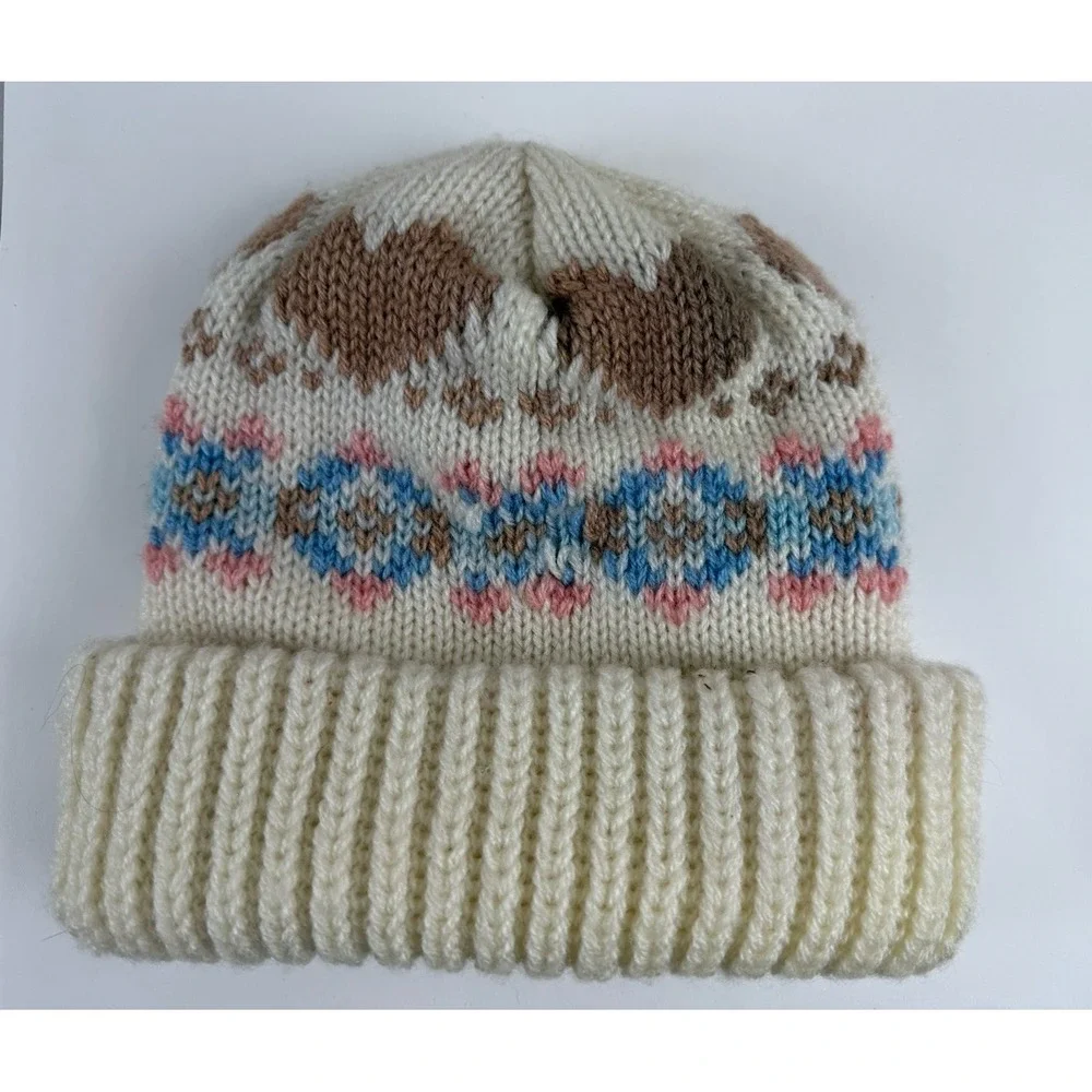 Womens 70s 80s Vintage Fair Isle Knit Beanie Hat Cream Brown Cuffed Heart Motif